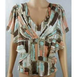 BCBGeneraton Women's(6) Brown/Tan/Blue/Peach Ruffle V-Neck Top/Blouse